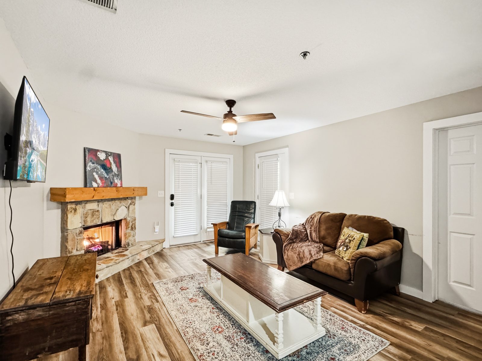 Stone fireplace living room